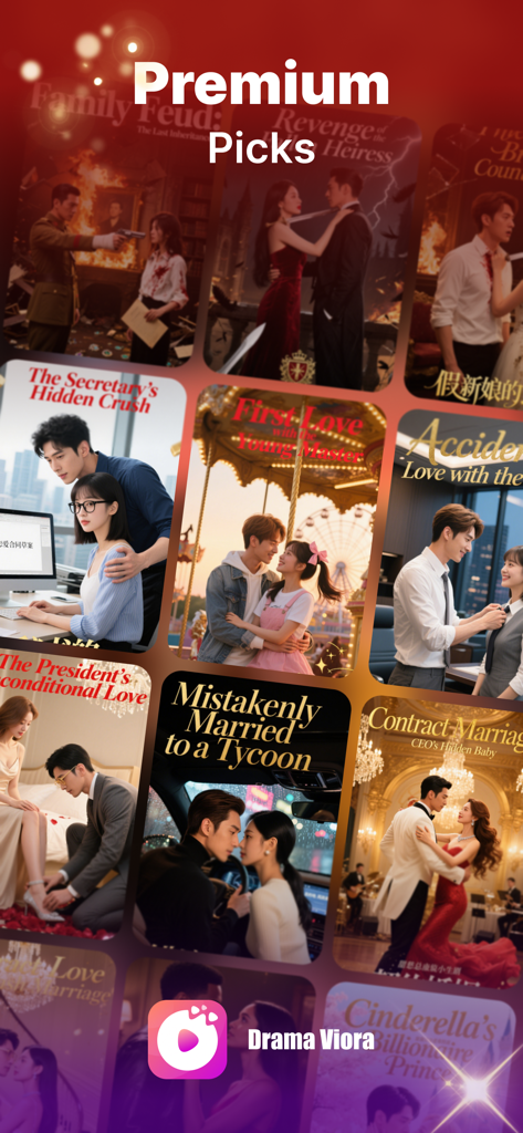 A gallery of premium short drama series posters available on the Drama Viora app