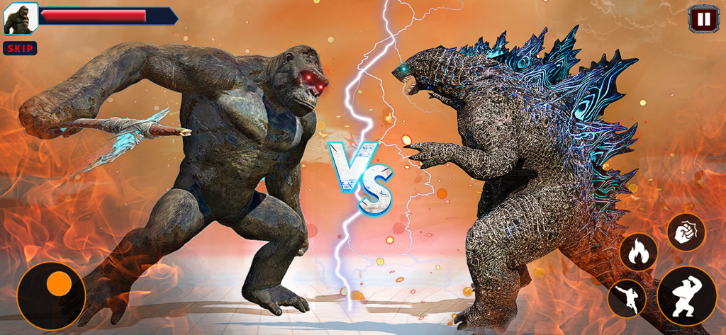 Monster™ King Kong vs Godzilla - Epico scontro tra King Kong e Godzilla in una scena di battaglia di un gioco mobile con effetti di fuoco e fulmini.