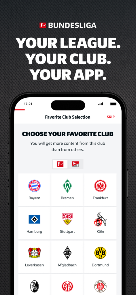 Personalized favorite club selection screen in the official Bundesliga soccer app