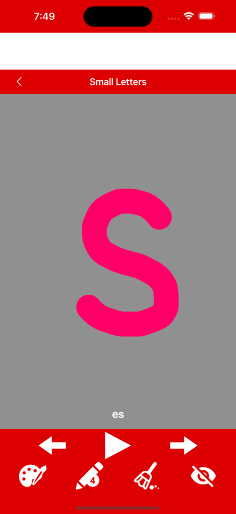Write German Alphabet - ピンク色のドイツ小文字sのなぞり書きを示すアプリ画面。描画ツールも表示されています。
