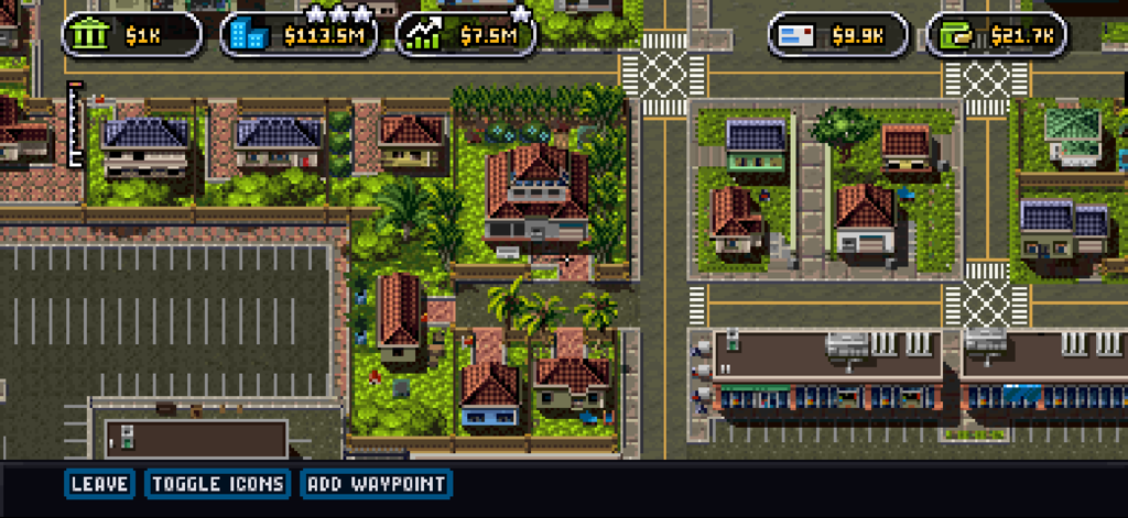 Shakedown: Hawaii - Mapa de cidade de pixel art retrô de 16 bits de Shakedown Hawaii mostrando edifícios e estatísticas financeiras