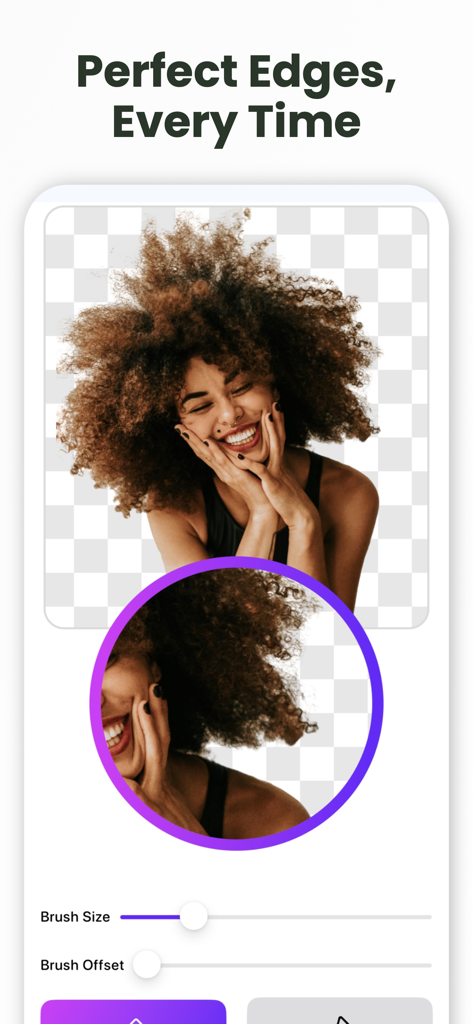 Photo Background Remover AI - A mobile app interface showing a person with curly hair having their background removed with high precision.