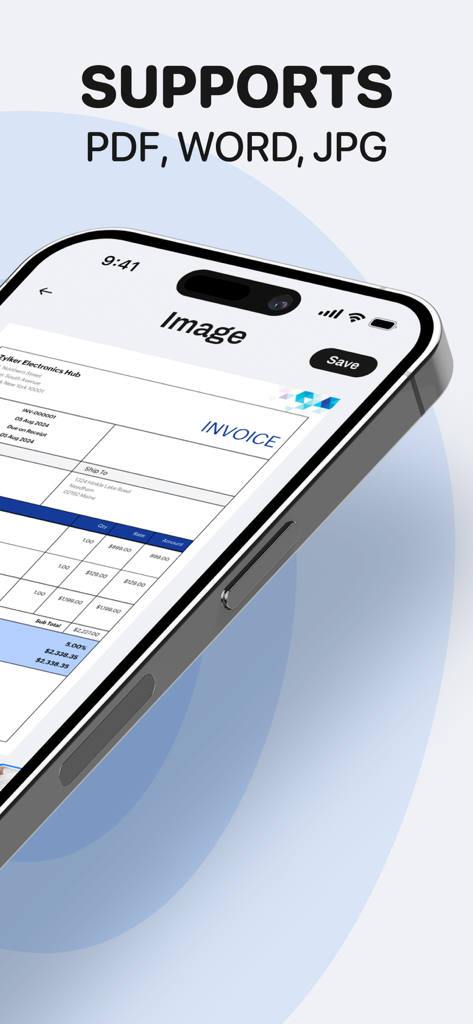 eSign: Sign PDF & Docs - Aplicativo móvel eSign mostrando uma fatura digital com texto indicando suporte para formatos PDF, Word e JPG