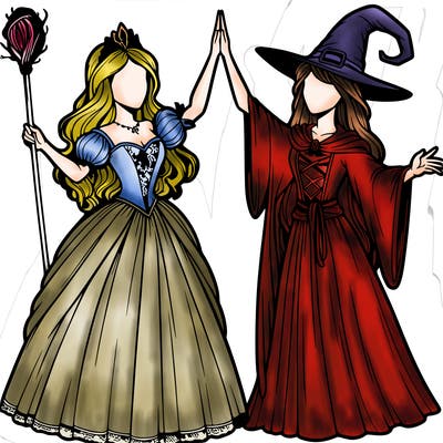 detailed realistic split of a princess and a witch