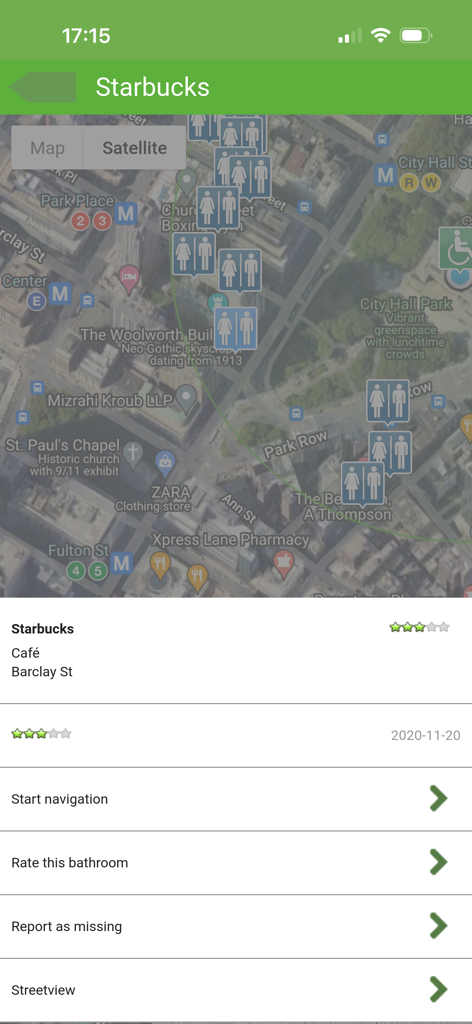 Bathroom Scout - Bathroom Scout app showing a satellite map of nearby restrooms and details for a Starbucks location