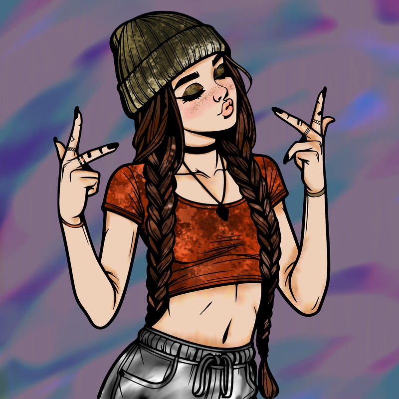 realistic teenage girl with braids and a beanie and crop top doing 🫶🏼
