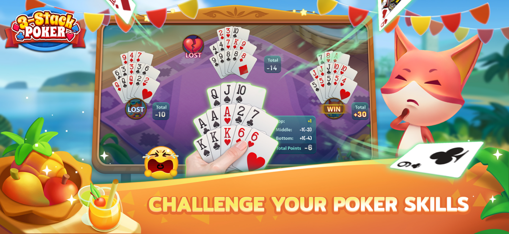 Gameplay-Oberfläche von 3-Stack Poker ZingPlay, die mehrere Kartenstapel und eine Fuchsfigur zeigt