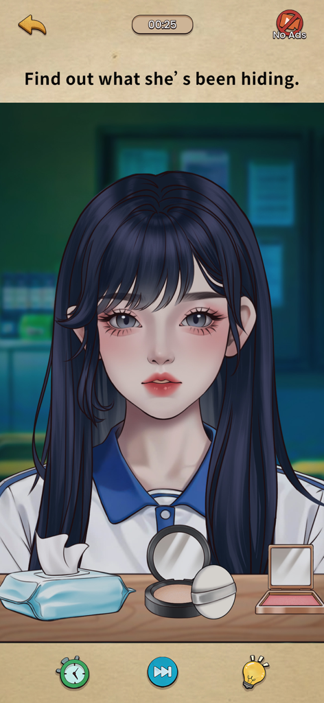 Anime girl in a puzzle level with makeup items and mystery text