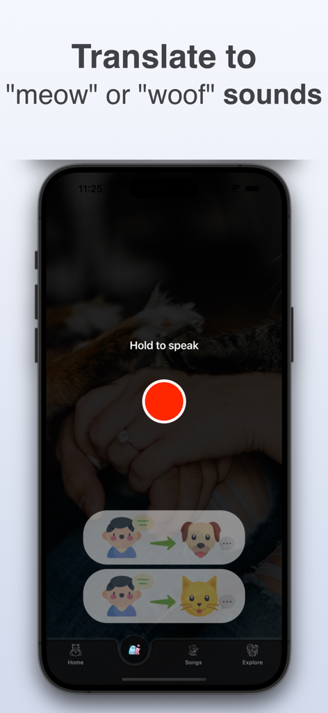 Dog & Cat Translator: Pet Chat - A mobile app screen for translating human speech into cat and dog sounds featuring a red recording button