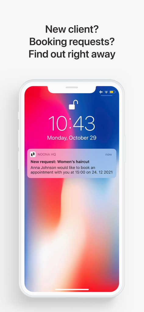 Noona HQ - iPhone lock screen showing a Noona HQ booking request notification for a haircut appointment.