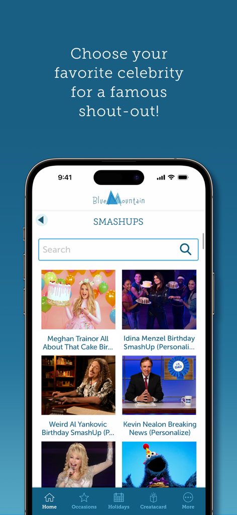 Interface de l'application Blue Mountain Ecards montrant les options de vœux vidéo SmashUps de célébrités