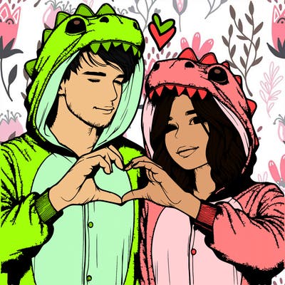 realistic couple wearing matching dinosaur onesies with heart hand gesture