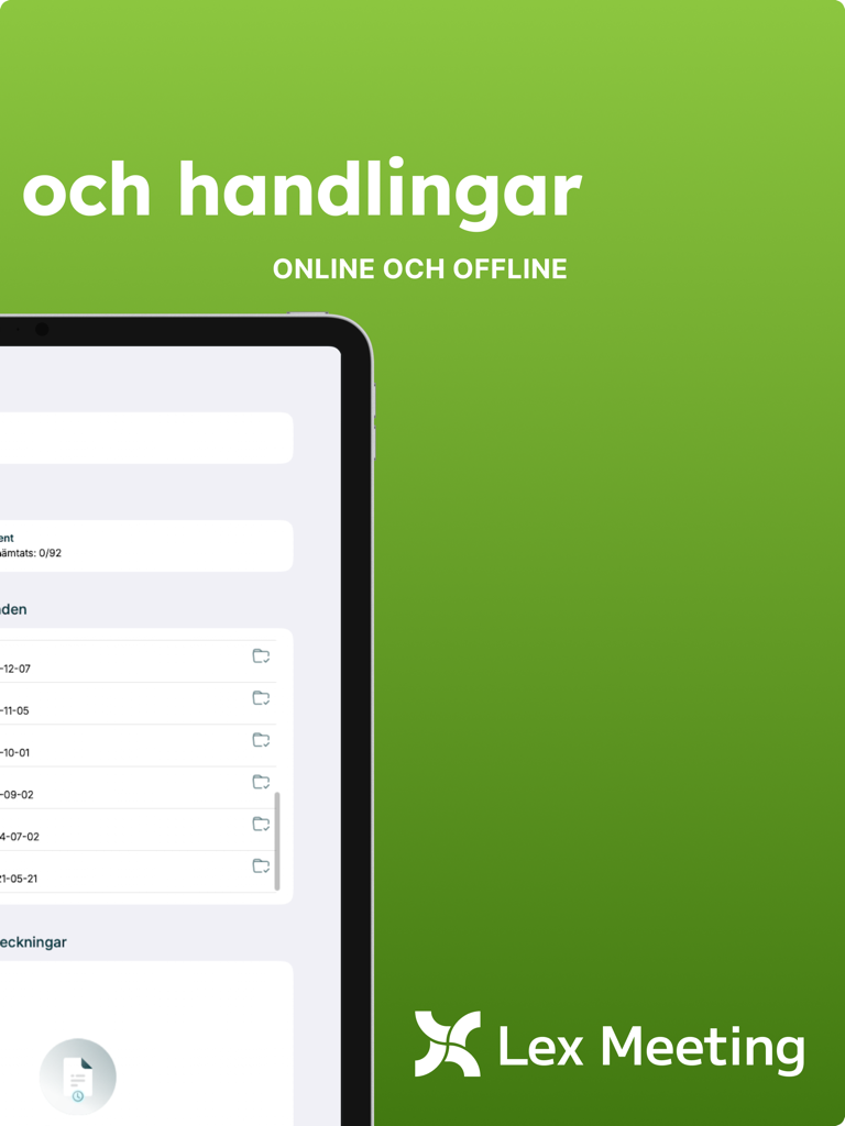 Interfaz de la aplicación Lex Meeting en un iPad que muestra la gestión de documentos para uso en línea y sin conexión.