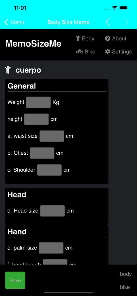 BMR Calculator Body Health - 체중, 키, 허리둘레와 같은 신체 측정값 입력을 위한 필드를 표시하는 BMR 계산기 앱의 인터페이스