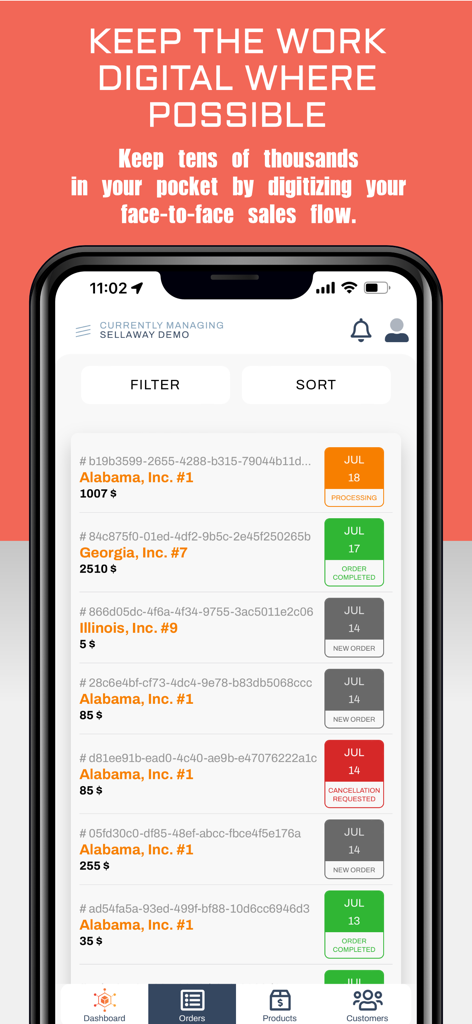 SellAway - SellAway mobile app interface showing a list of digital sales orders and statuses