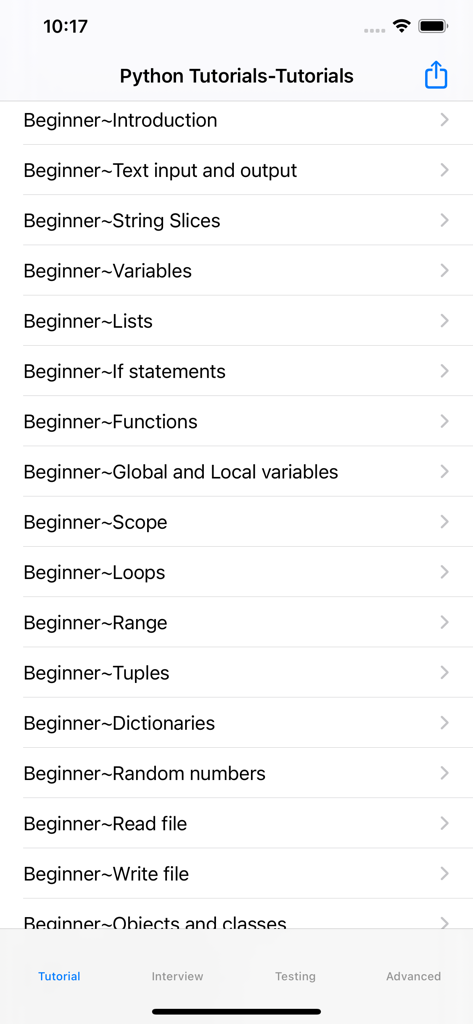 Menu de tutorial de codificação Python para iniciantes na tela do celular