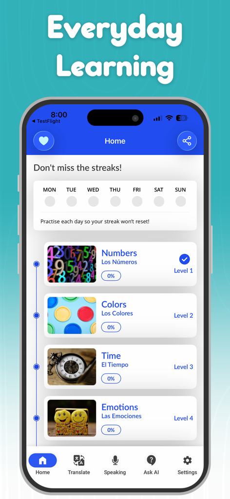 Screenshot of the Learn Spanish For Beginners app showing the home screen with daily streaks and learning categories like Numbers and Colors