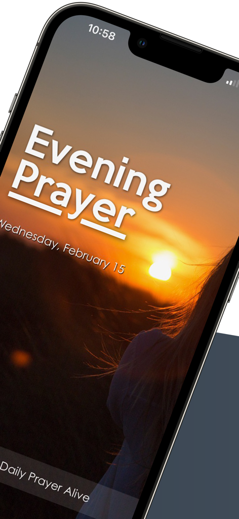 Daily Prayer App - Daily Prayer App showing the Evening Prayer screen with a beautiful sunset background and the date Wednesday February 15