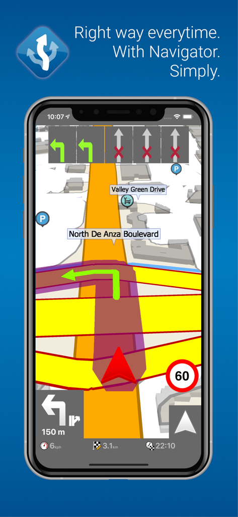 MapFactor Navigator app interface showing 3D map view with lane guidance indicators and speed limit