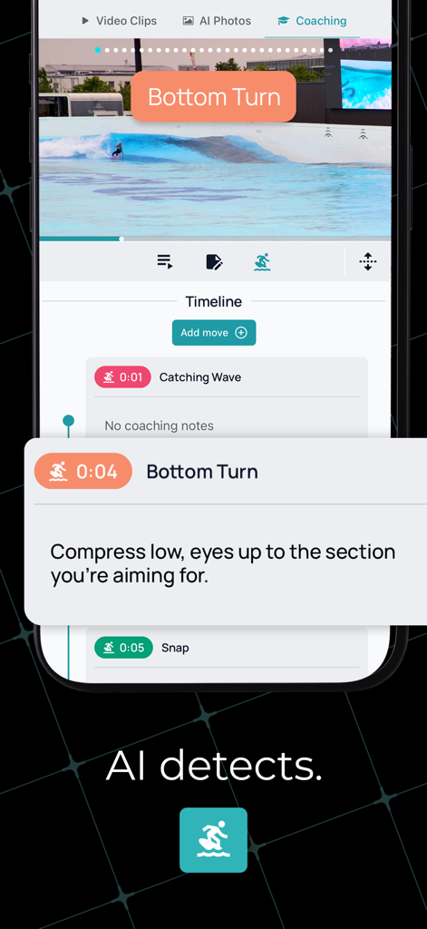 Flowstate - Interface do aplicativo Flowstate demonstrando detecção de manobras de surf por IA com conselhos de treinamento