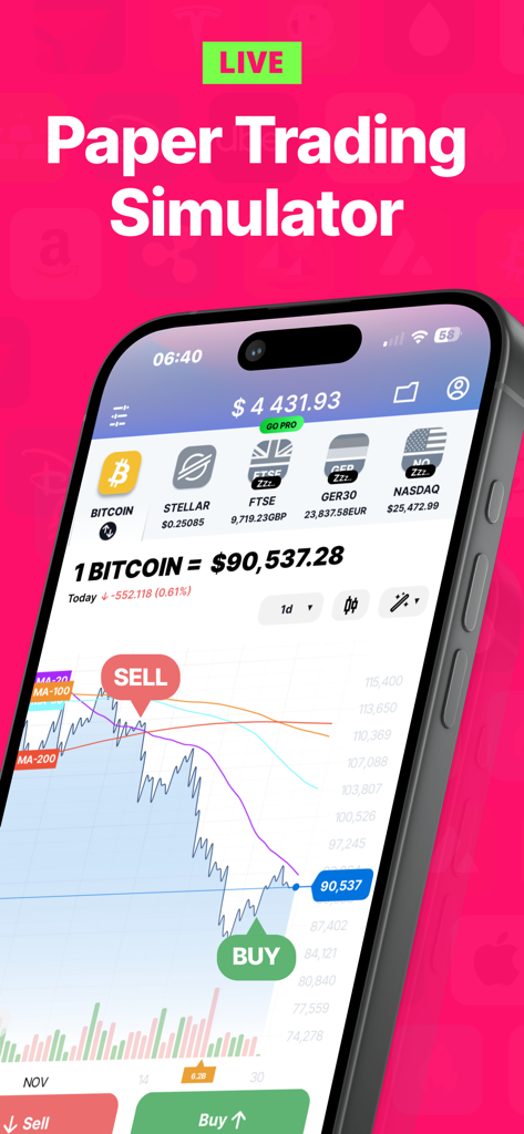 Pantalla móvil de un simulador de paper trading que muestra un gráfico de precios de Bitcoin con señales de compra y venta.