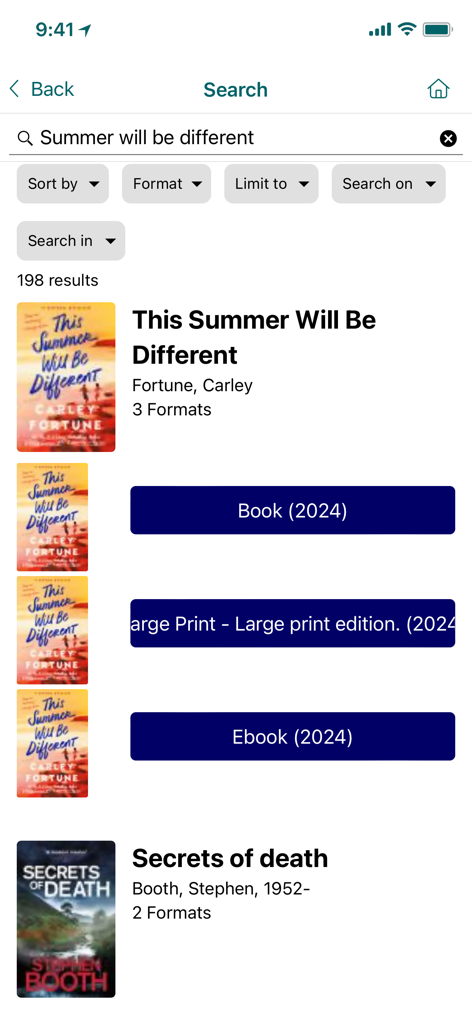 Milton Public Library - Search results page in the Milton Public Library app showing book formats for This Summer Will Be Different.