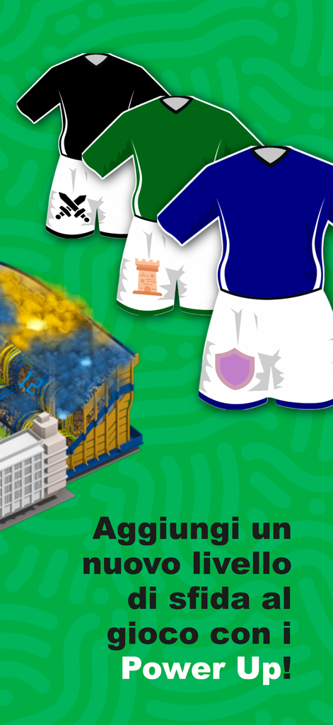 Fantaclub - Grafica che mostra maglie da calcio e uno stadio che illustra la funzione Power Ups in Fantaclub.