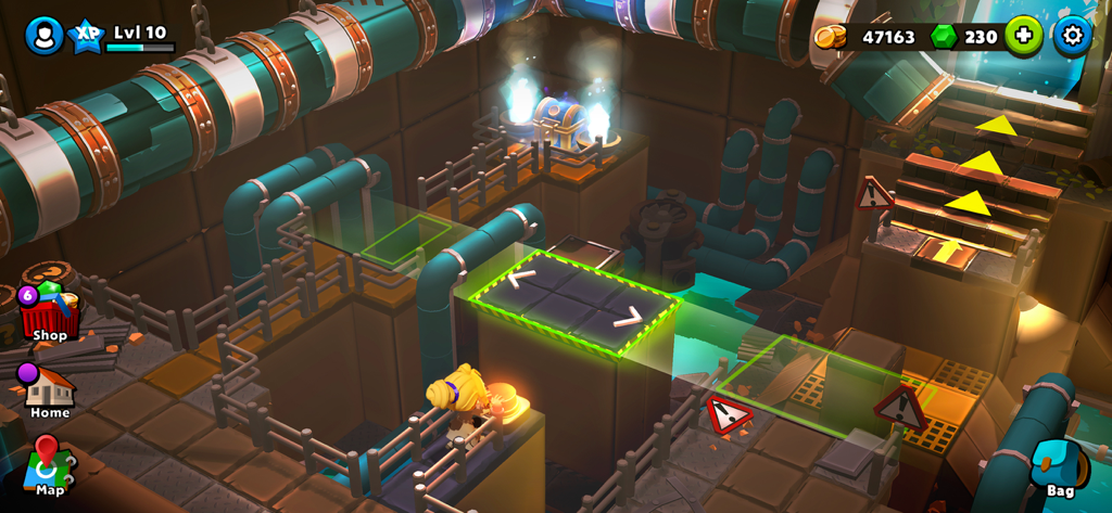 Mystery Town: Adventure games - 3D logic puzzle gameplay in Mystery Town showing a character navigating an industrial area with green pipes and moving platforms