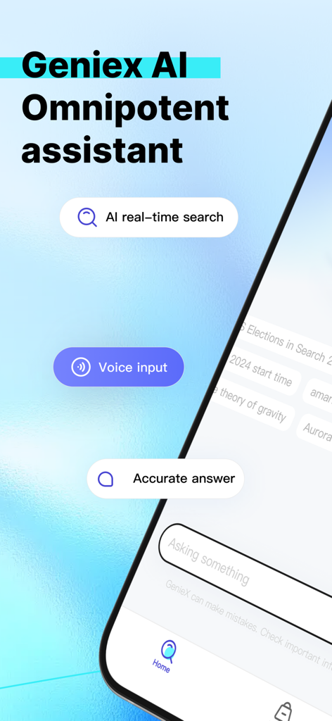 GenieX - AI Chat - Interface do aplicativo assistente de IA GenieX destacando a pesquisa em tempo real e as capacidades de entrada de voz.