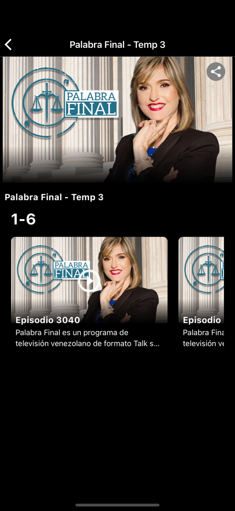 VenevisionPlay - Venevision Play App-Oberfläche, die die Talkshow-Seite Palabra Final mit verfügbaren Episoden anzeigt