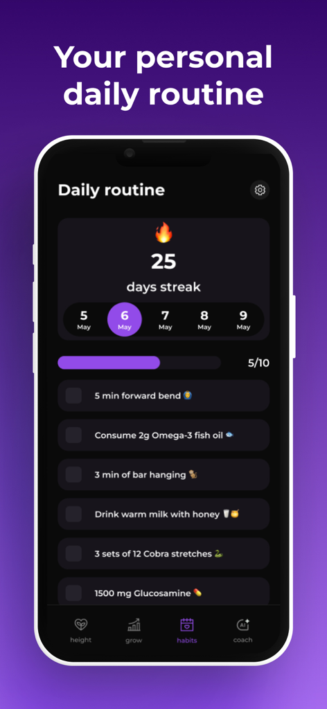 A smartphone showing the Tallex app daily routine screen with a 25 day streak and a checklist of height growth exercises and supplements