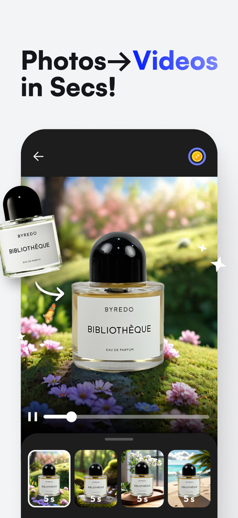 Blendアプリで、香水ボトルの写真がさまざまなAI生成背景を持つ高品質な製品ビデオに変換されている様子。