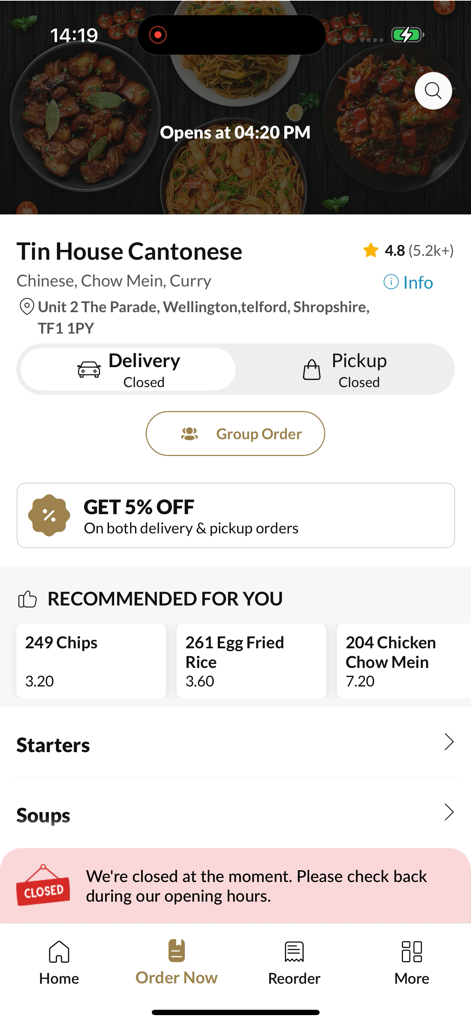 Tin House Cantonese Wellington - Interface do aplicativo Tin House Cantonese Wellington exibindo categorias de cardápio e recomendações de comida