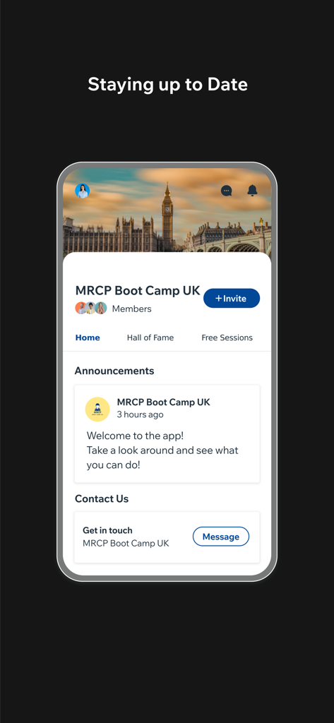 MRCP BOOT CAMP UK - MRCP Boot Camp UKアプリのホーム画面。アナウンスと連絡先オプションが表示されています。