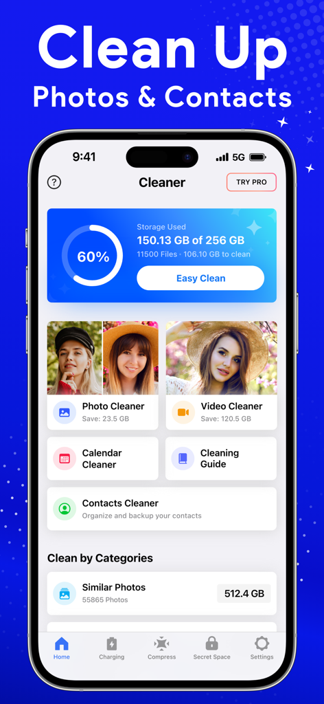 Cleaner: Free Up Storage Guru - Dashboard of the Cleaner Free Up Storage Guru app showing storage statistics and cleaning tools for photos and contacts