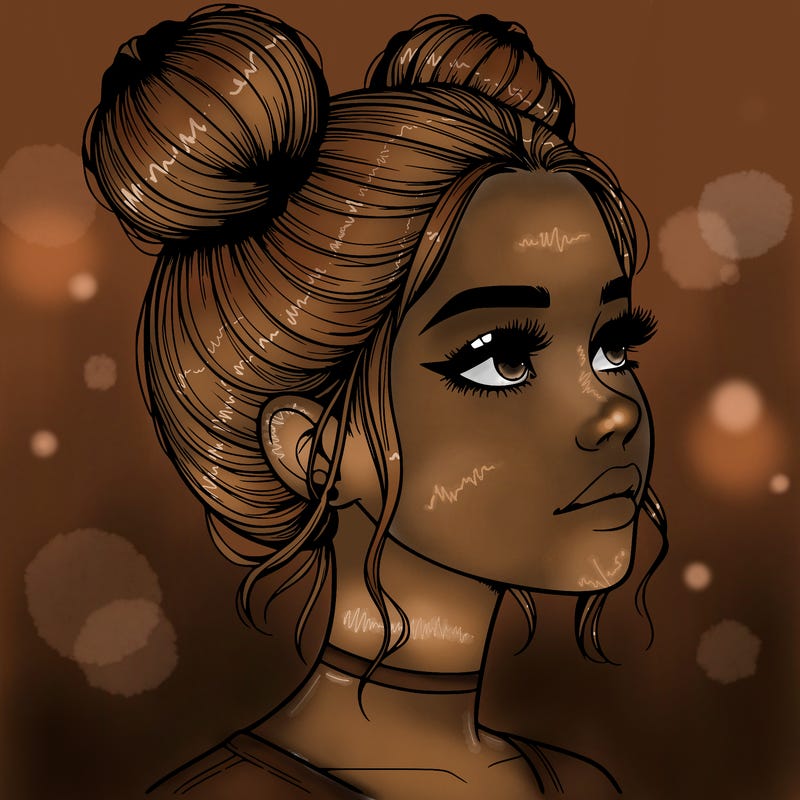 realistic girl with buns on the top of her head