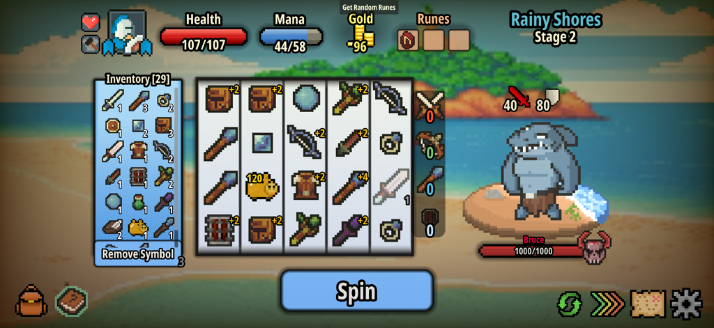 Spin Hero - Jugabilidad de Spin Hero con carretes de objetos y un jefe tiburón en estilo pixel art