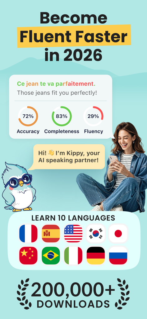 A woman using the Kippy AI Tutor app to improve language fluency with real time speech analysis.