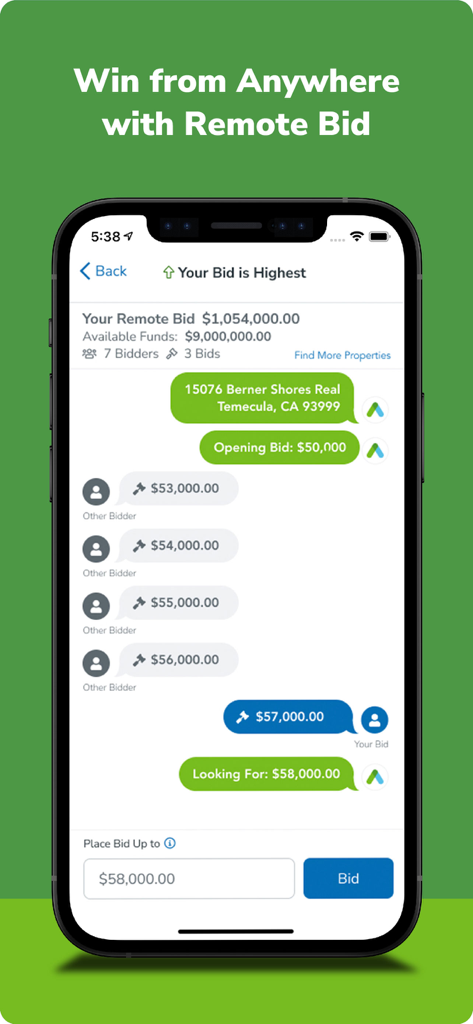 Auction.com - Homes for Sale - A mobile interface of the Auction.com app showing a real-time remote bidding session for a home in California.