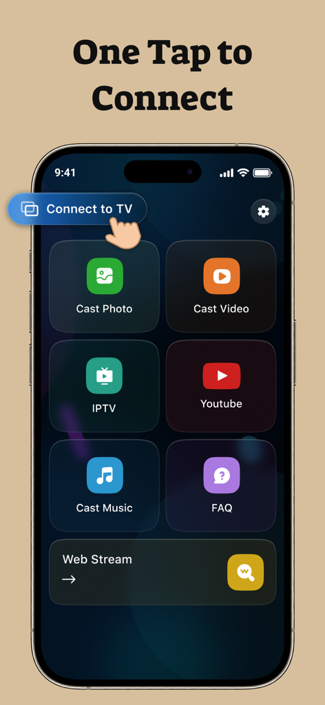 AirPlay : Screen Mirroring - Interface do aplicativo Screengo para espelhamento de tela com um botão de conexão de um toque