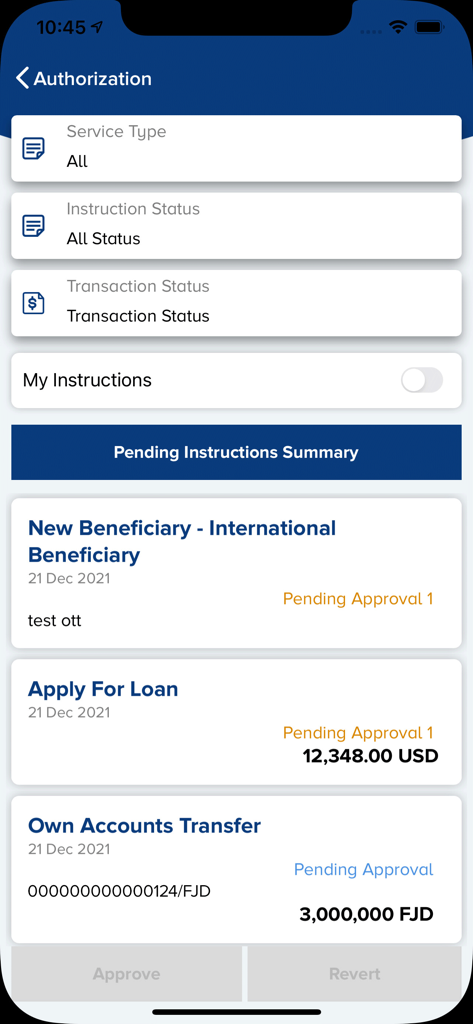 BRED Fiji Business Connect - BRED Fiji Business Connect app authorization screen showing pending international beneficiary and loan instructions