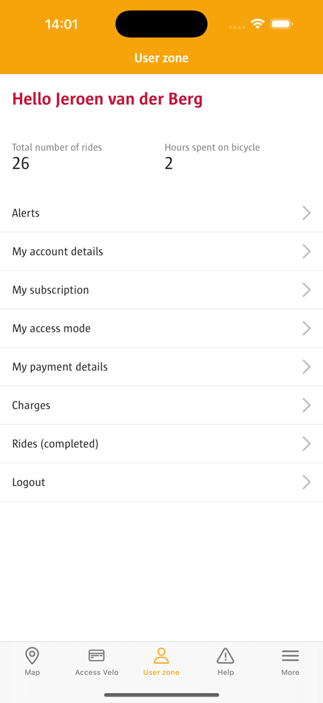 Velo Antwerpen - Velo Antwerpen app user profile showing ride statistics and account settings