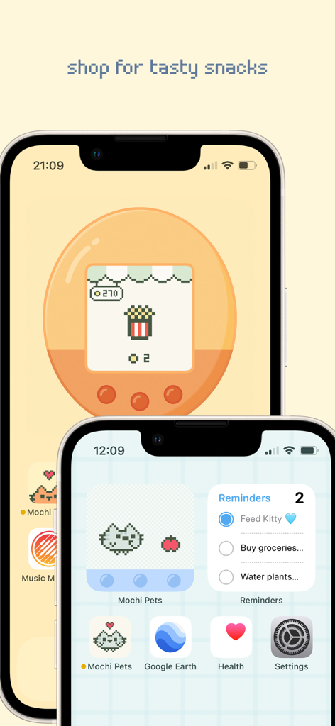 Mochi Pets - Cute Pet Widget - Interfaz de la aplicación Mochi Pets que presenta un widget de mascota de arte pixelado y una pantalla de compras de bocadillos