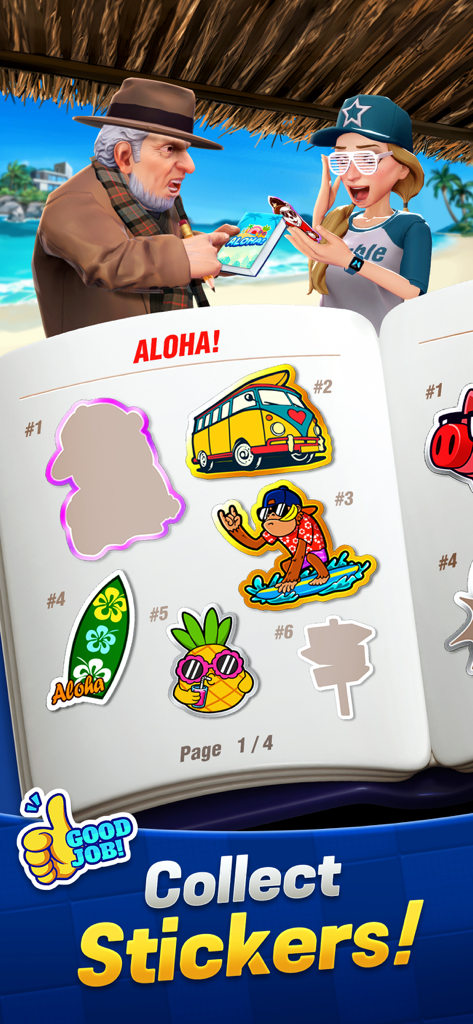 Schermata di gioco di Boxing Star PvP Match 3 che mostra un album di figurine aperto con figurine a tema hawaiano