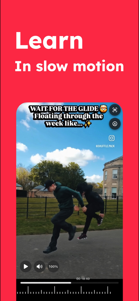 Slowmo - SlowMo Video Analysis - Slowmo app interface showing a video of dancers being analyzed frame by frame with a professional scrub wheel tool.