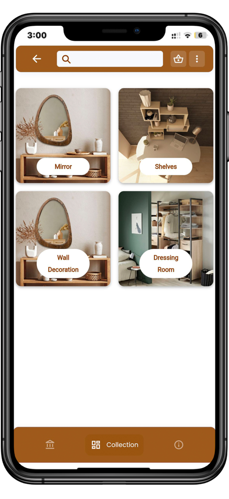 Tamara Decor - Interfaz de la aplicación Tamara Decor mostrando categorías de muebles para espejos, estantes y vestidores