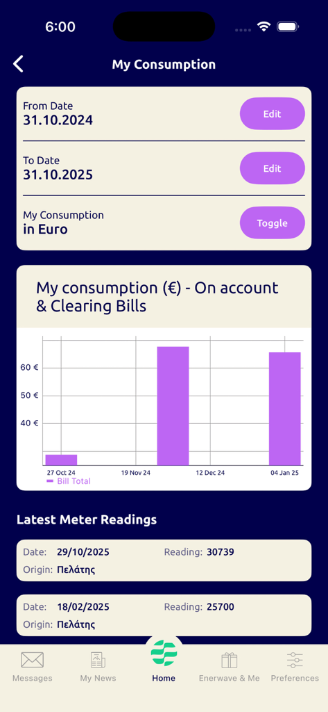myEnerwave - A screen from the myEnerwave app showing energy consumption history through a bar chart and recent meter readings