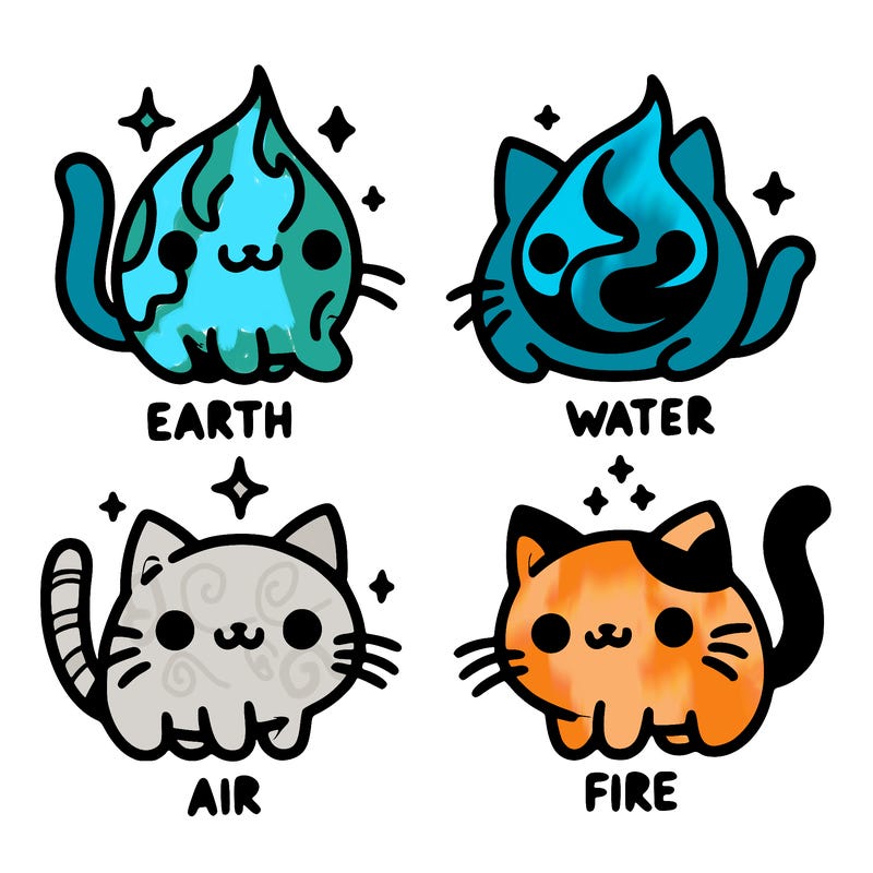 4 cats that represent the different elements, earth, water, air, and fire