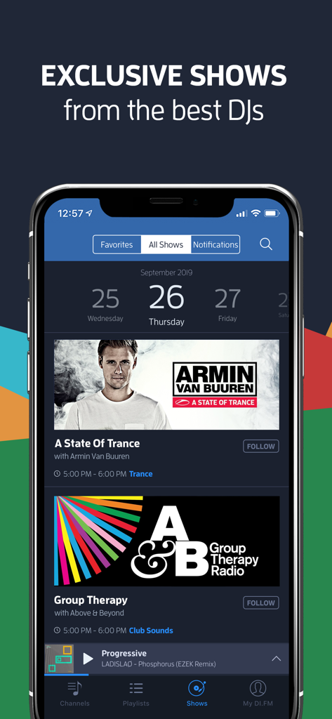 DI.FM app interface highlighting exclusive DJ shows like A State of Trance and Group Therapy Radio.