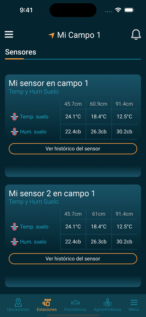 GlobalMet Agro - GlobalMet Agro App-Oberfläche, die Bodentemperatur und Feuchtigkeitswerte von Feld­sensoren anzeigt.